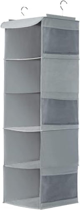 BrilliantJo Hanging Storage with 5 Shelves Wardrobe Closet Organiser, Storage Shelves Unit with 6 Pockets for Clothes - Grey(30 x 30 x 108cm)