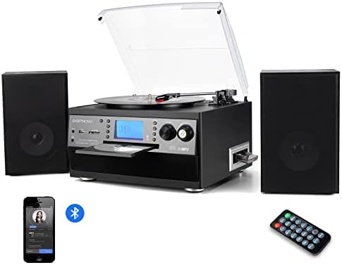 DIGITNOW! Bluetooth Viny Record Player, Turntable for CD, Cassette, AM/FM Radio and Aux in, USB port and SD Encoding, Remote Control, with Standalone Stereo Speakers