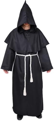 Monk Costume Medieval Friar Hooded Monk Renaissance Priest Robe Costume Halloween Fancy Dress (XL, Brown).