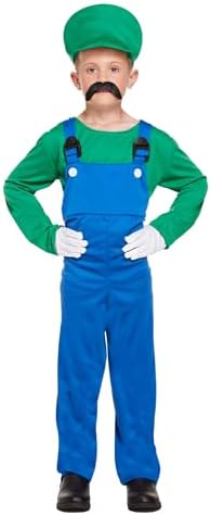 HENBRANDT Children’s Green Super Plumber Fancy Dress Costume Retro 1980s Videogame Green + Blue Overalls Moustache Brothers Size Large Ages 10-12 Fancy Dress for Boys Super Workman Outfit for Kids.