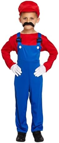 HENBRANDT Children’s Green Super Plumber Fancy Dress Costume Retro 1980s Videogame Green + Blue Overalls Moustache Brothers Size Large Ages 10-12 Fancy Dress for Boys Super Workman Outfit for Kids.