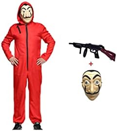 Anxicer Halloween Costume Bank Robber Jumpsuit for Carnival Thief Costume Jumpsuit Red Long Sleeve Romper with Hood, Cosplay Set Mask and Machine Gun Carnival Costume….