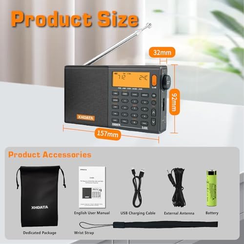 XHDATA D-808 Portable Digital Radio FM stereo/SW/MW/LW SSB RDS Air Band Multi Band Radio Speaker with LCD Display Alarm Clock External Antenna