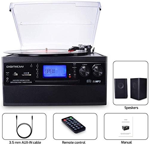 DIGITNOW! Bluetooth Viny Record Player, Turntable for CD, Cassette, AM/FM Radio and Aux in, USB port and SD Encoding, Remote Control, with Standalone Stereo Speakers