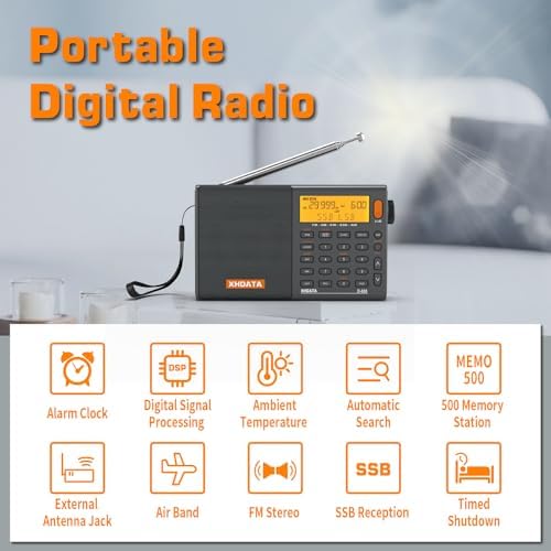 XHDATA D-808 Portable Digital Radio FM stereo/SW/MW/LW SSB RDS Air Band Multi Band Radio Speaker with LCD Display Alarm Clock External Antenna