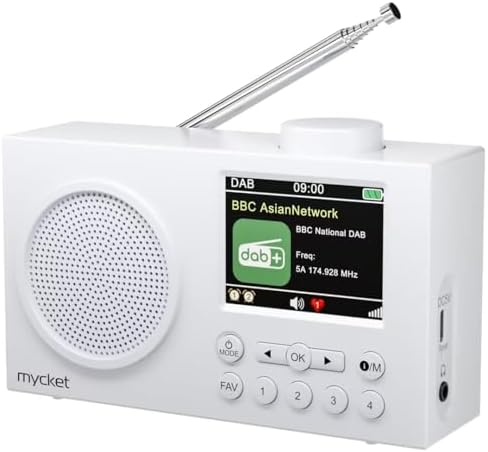 Mycket DAB Radio Portable, DAB Plus Digital Radio with Bluetooth, USB Rechargeable FM Radio, Battery Powered Small Radio, Dual Alarms Clock, Sleep Timer, 40 Presets Stations, 2.4&#34; Large Colour Display