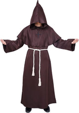 Monk Costume Medieval Friar Hooded Monk Renaissance Priest Robe Costume Halloween Fancy Dress (XL, Brown).