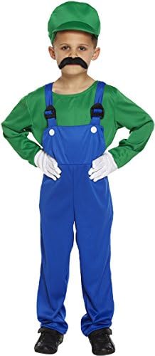 HENBRANDT Children’s Green Super Plumber Fancy Dress Costume Retro 1980s Videogame Green + Blue Overalls Moustache Brothers Size Large Ages 10-12 Fancy Dress for Boys Super Workman Outfit for Kids.