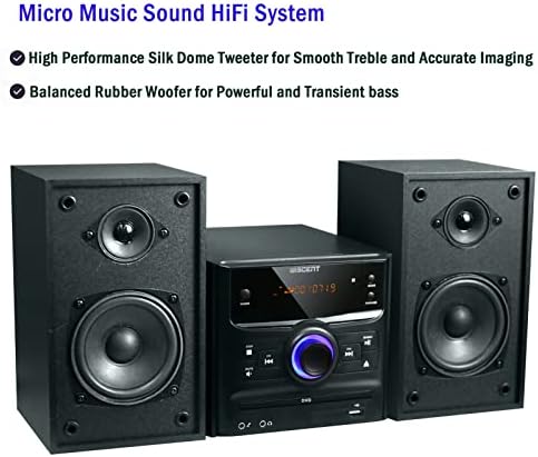 WISCENT Hi-Fi Compact Stereo Systems with Bluetooth, FM Radio,CD Player,Micro DVD Player for Home,USB-MP3 Playback,AUX,MIC,Remote Control,30W, Hi Fi Music System,DSP-Tech