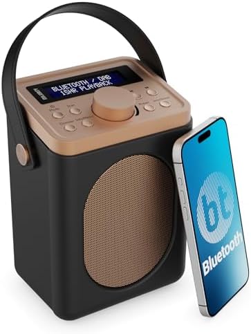 Portable DAB+ Radio with Bluetooth | 15 Hour Battery Playback and Mains Powered | Dual Alarm &amp; Snooze Function| 20+ Presets, LED Display, FM, Headphone Jack | MAJORITY Little Shelford (Black)