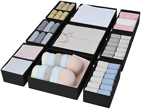 DIMJ 12 PCS Dresser Drawer Organiser Fabric Storage Box Foldable Wardrobe Dividers Cubes for Socks, Underwear, Ties, Scarves, Cosmetics (Grey)