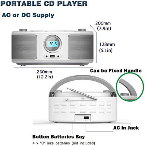 CD Radio Portable CD Player Boombox with Bluetooth,FM Radio,USB MP3 Playback,3.5mm AUX Headphone Jack and USB Input, CD-MP3/CD-R/CD-RW Compatible(WTB791)