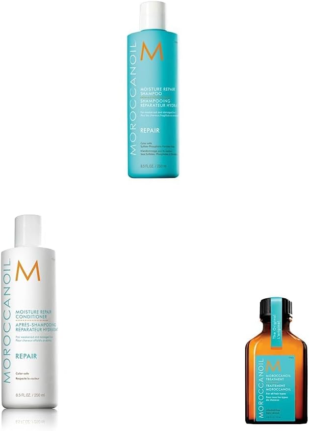 Moroccanoil Treatment with Moisture Repair Shampoo and Conditioner.