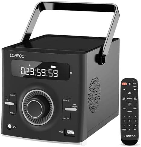 LONPOO Portable Boombox CD Player Stereo Sound with FM Radio, USB, Bluetooth, AUX-IN, Headphone Output, AC/DC Operated