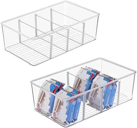 Vtopmart 2 Pack Food Storage Organizer Bins, Clear Plastic Bins for Pantry, Kitchen, Fridge, Cabinet Organization and Storage, 4 Compartment Holder Packets, Snacks, Pouches, Spice Packets