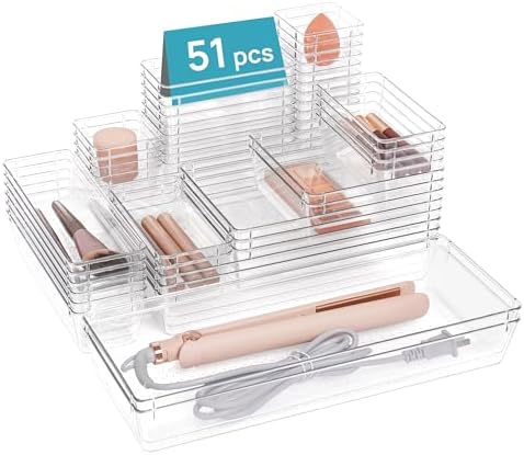 Vtopmart 51 PCS Clear Plastic Drawer Organizers Set, 8-Size Bathroom and Vanity Drawer Organizer Trays, Acrylic Storage Bins for Makeup, Kitchen Utensils, Gadgets, Large Size Office Desk Organizers