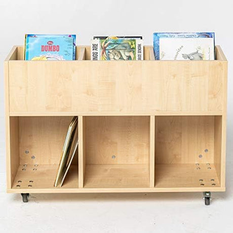 Wonderwall Slimline Mobile Kinderbox Book Storage Unit (Beech, with 3 bays & 3 undershelves) ideal school, library, & early years learning resource.