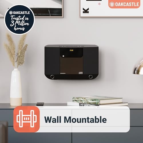 Wall Mountable CD Player with Bluetooth | Compact 40W Hi-Fi Stereo System | FM Radio, 20 Presets, &amp; Custom EQ Settings | AUX Input | MP3 Playback | Remote Control | OAKCASTLE HIFI100