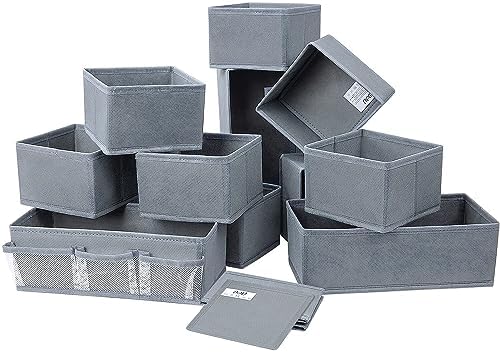 DIMJ 12 PCS Dresser Drawer Organiser Fabric Storage Box Foldable Wardrobe Dividers Cubes for Socks, Underwear, Ties, Scarves, Cosmetics (Grey)