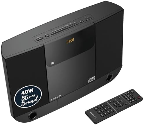 Wall Mountable CD Player with Bluetooth | Compact 40W Hi-Fi Stereo System | FM Radio, 20 Presets, &amp; Custom EQ Settings | AUX Input | MP3 Playback | Remote Control | OAKCASTLE HIFI100