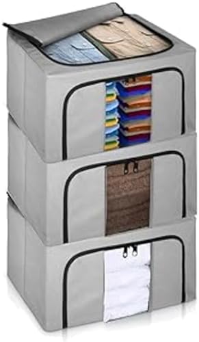 LIVIVO Set of 3 Storage Bags Boxes Organiser With Double Opening Zips Clear Windows Great for Storing Duvets Blankets, Bedding, Clothes Towels, Sweaters Toys - Under Bed Closet Wardrobe Box