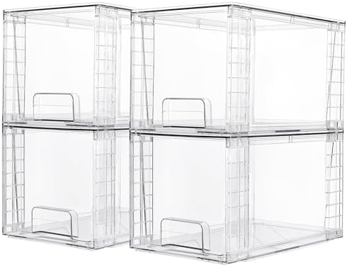 Vtopmart 4 Pack Large Stackable Storage Drawers,Clear Acrylic Drawer Organizers with Handles, Easily Assemble for Bathroom,Kitchen Undersink,Cabinet,Closet,Makeup,Pantry organization and Storage