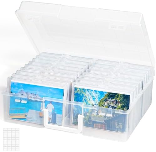 Lifewit Photo Storage Box 4x6 Photo Case, 14 Inner Photo Keeper, Clear Photo Boxes Storage with 1 Sheet Label Sticker, Plastic Craft Storage Box with lids for Cards Pictures Stamps Office Supplies