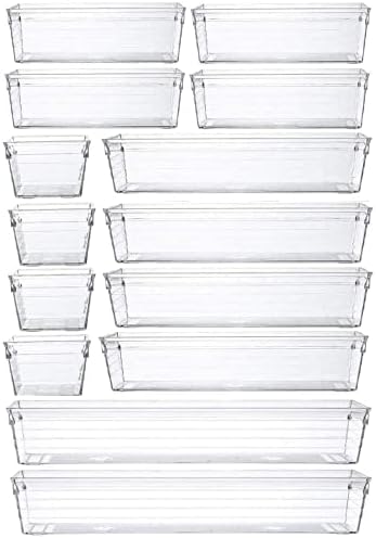 14 Pcs Kitchen Drawer Organiser Storage Trays for Makeup Bedroom Office, Desk Versatile, Plastic, Clear