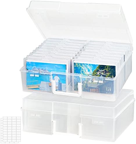 Lifewit Photo Storage Box 4x6 Photo Case, 14 Inner Photo Keeper, Clear Photo Boxes Storage with 1 Sheet Label Sticker, Plastic Craft Storage Box with lids for Cards Pictures Stamps Office Supplies