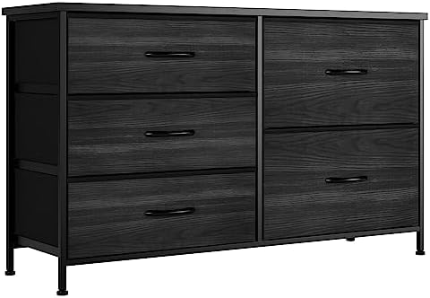 Nicehill Dresser for Bedroom with 5 Drawers, Storage Organizer, Wide Chest of Drawers for Closet, Clothes, Kids, Baby, TV Stand, Wood Board, Fabric Drawers(Black Grey)