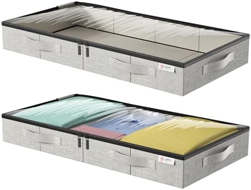 Underbed Storage, Under Bed Storage Box with Lid, Under Bed Storage Bags with Sturdy Sidewalls/Bottom for Clothes, Duvets, Comforters, Blanket, Bedding. Reinforced Handle with PVC Window, 2Pack