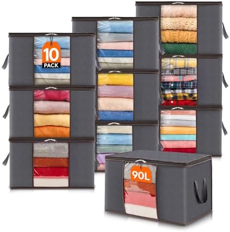 Lifewit 6 Pack Clothes Storage Bags, Foldable Storage Box Moving Bags Wardrobe Storage Organiser Packing Boxes for Moving House with Clear Window for Clothing Bedding Blankets, Grey