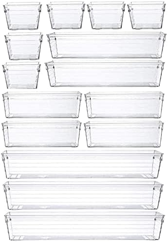 14 Pcs Kitchen Drawer Organiser Storage Trays for Makeup Bedroom Office, Desk Versatile, Plastic, Clear