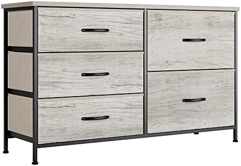 Nicehill Dresser for Bedroom with 5 Drawers, Storage Organizer, Wide Chest of Drawers for Closet, Clothes, Kids, Baby, TV Stand, Wood Board, Fabric Drawers(Black Grey)