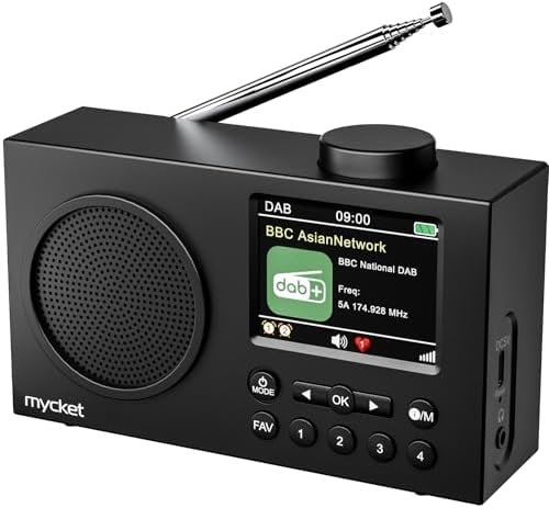 Mycket DAB Radio Portable, DAB Plus Digital Radio with Bluetooth, USB Rechargeable FM Radio, Battery Powered Small Radio, Dual Alarms Clock, Sleep Timer, 40 Presets Stations, 2.4&#34; Large Colour Display