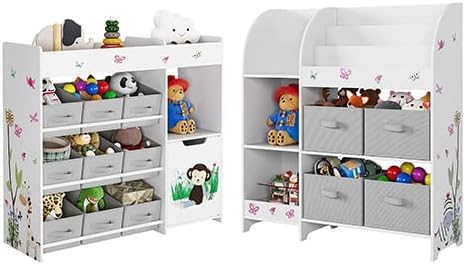 HOCSOK Kid‘s Toy Storage Unit of 2 piece set, Children's Toy Box Organiser with Non-woven Fabric Bin, Large Bookshelf Rack Cabinet for Nursery, Kindergarten, Playroom, White.