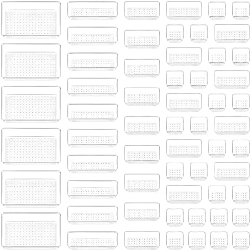 Vtopmart 60 Pack Drawer Organiser, 4-Size Clear Plastic Drawer Organiser Bins Containers for Bathroom and Vanity Storage, Home Organization for Makeup, Kitchen Utensils