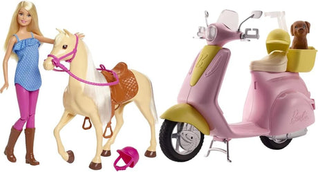 Barbie Doll, Blonde, Wearing Riding Outfit with Helmet, and Light Brown Horse with Soft White Mane and Tail, Gift for 3 to 7 Year Olds, FXH13.