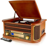 Denver 8-in-1 CD Cassette Player Retro Wooden Record Player HiFi System – 3 Speed Vinyl Turntable &amp; Cassette With CD Player, FM/AM Radio, MP3 USB Recording, AUX IN And Line Out – MCR-50