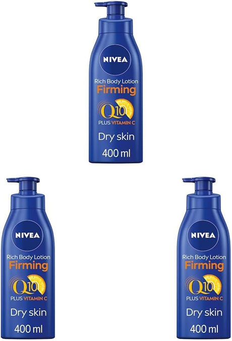 NIVEA Q10 Firming Rich Body Lotion with Vitamin C (400ml), NIVEA Moisturiser for Firmer Skin with Q10 and Vitamin C, NIVEA Body Lotion for Dry Skin , Pack of 1.