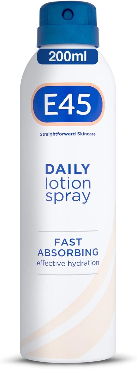 E45 Spray Moisturiser 200 ml - Daily Lotion Moisturiser Spray for Dry Sensitive Skin - Fast Absorbing Body Lotion Spray Moisturiser for Soft Skin and Lasting Hydration – Suitable for Eczema Prone Skin.