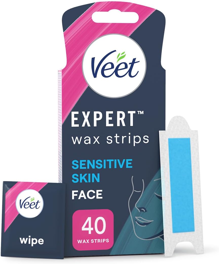 Veet Expert Wax Strips, 40 Strips + 4 Finish Wipes, Sensitive Skin, Facial Wax Strips Face Hair, Hair Remover For Women, Almond Oil, Dermatolgically Tested, Waxing, Hair Removal.