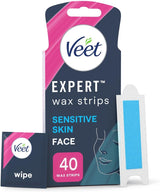 Veet Expert Wax Strips, 40 Strips + 4 Finish Wipes, Sensitive Skin, Facial Wax Strips Face Hair, Hair Remover For Women, Almond Oil, Dermatolgically Tested, Waxing, Hair Removal.