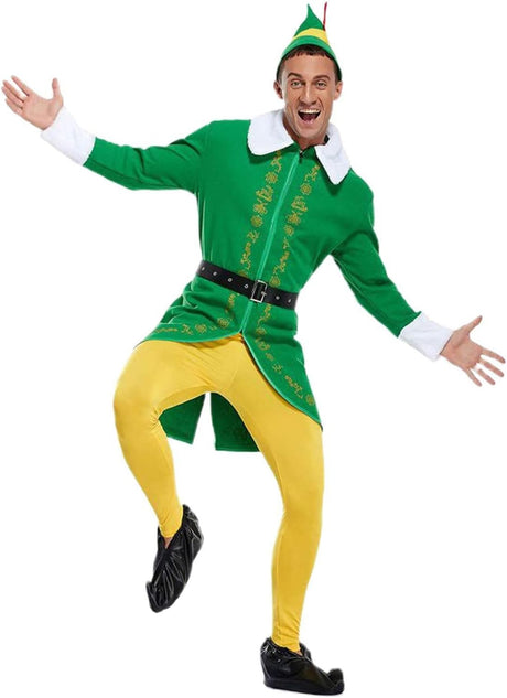 Voiakiu Buddy The Elf Costume Men, Cute Green and Yellow Elf Costume, Cosplay Outfits for, Holiday, Halloween,.