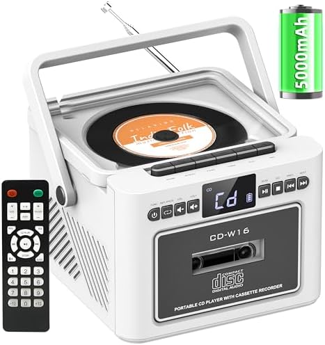 Boombox CD Player with Speakers, Portable Radio Tape Cassette CD Players for Home, Remote control, Stereo Hifi System Player with Bluetooth, USB/AUX/MP3/TF card playback,5000mAh Rechargeable Battery…