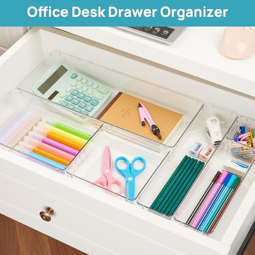 Vtopmart 36 PCS Clear Plastic Drawer Organizers Set, 7-Size Bathroom and Vanity Drawer Organizer Trays, Acrylic Storage Bins for Makeup, Kitchen Utensils, Gadgets, Large Size Office Desk Organizers