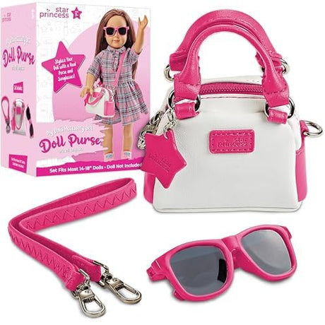 Doll Purse and Doll Sunglasses for 18-Inch Dolls - Doll Accessories Play Set for Kids Ages 3 4 5 6 7 8 9 10 11 12 - Excellent Addition to Her Cute Doll Collection - Great Gift for Girls and Toddlers.