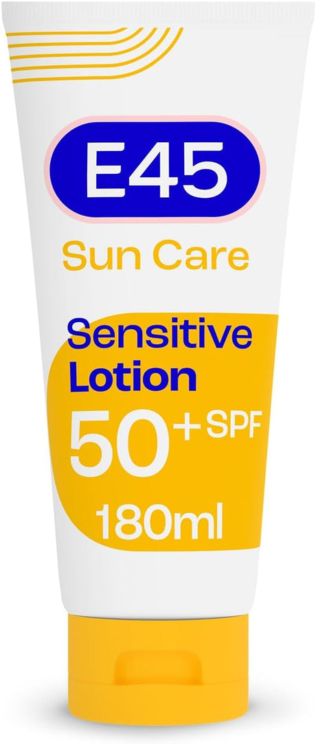 E45 Sun Body Lotion for Sensitive Skin. Hydrating Sun Cream with very high UVA and UVB protection and SPF 50+. For Dry Skin, Sensitive Skin and Eczema Prone Skin - 180 ml.