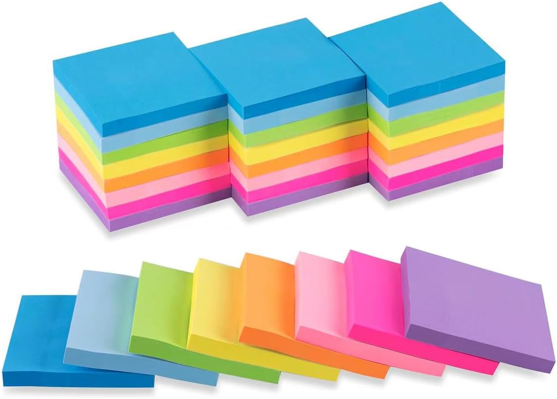 24 Pads - 3 in x 3 in Sticky Notes, 8 Colors Post Self Stick Notes Pads Bright Stickies Colorful Super Sticking Memo Pads，for Office, Home, School, Meeting, Strong Adhesive, 82 Sheets/pad