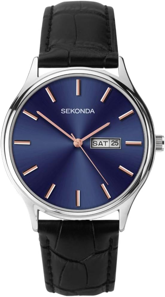 Sekonda Black Leather Midnight Blue and Rose-Gold Dial Watch 1701.